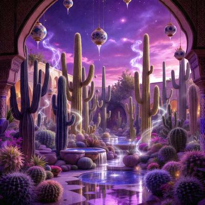 The primary subject of the image is a beautifully designed garden with a purple and blue color scheme. The garden features a variety of cacti, including a large cactus in the center, and a waterfall. The setting is a purple and blue-lit garden, which creates a serene and enchanting atmosphere. The visual style of the image is a digital art or illustration, showcasing the artist's creativity and attention to detail. The colors and mood of the garden are calming and inv